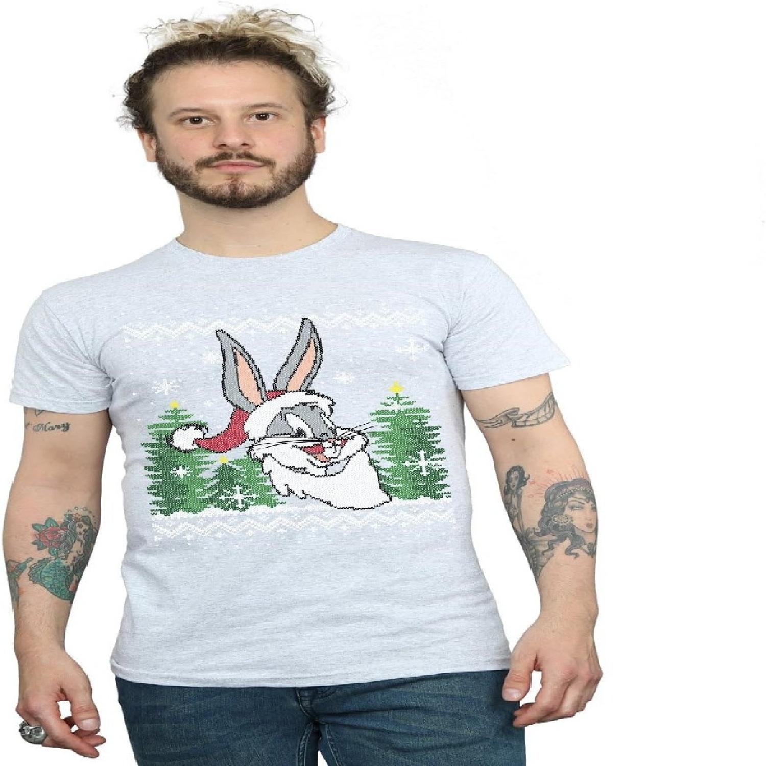 Looney Tunes Men s Bugs Bunny Christmas Fair Isle T-Shirt Large Sport Grey XXXXXL белый