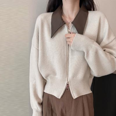 Damen Pullover Mantel Revers Langarm Reißverschluss Knopfleiste Strick Cardigan Patchwork Farbe Rippenbesatz Lockere Passform Lässige Strickmode