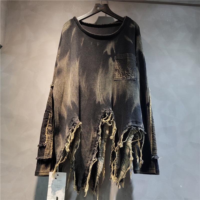 Women's Fall/Winter Unique Patchwork Asymmetric Sweater Retro Distressed Tie-Dye Long-Sleeve Knit Sweater