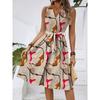 Kadın İlkbahar Ve Yaz Günlük V Yaka Kolsuz Belden Oturtmalı Çiçek Desenli Midi Elbise
