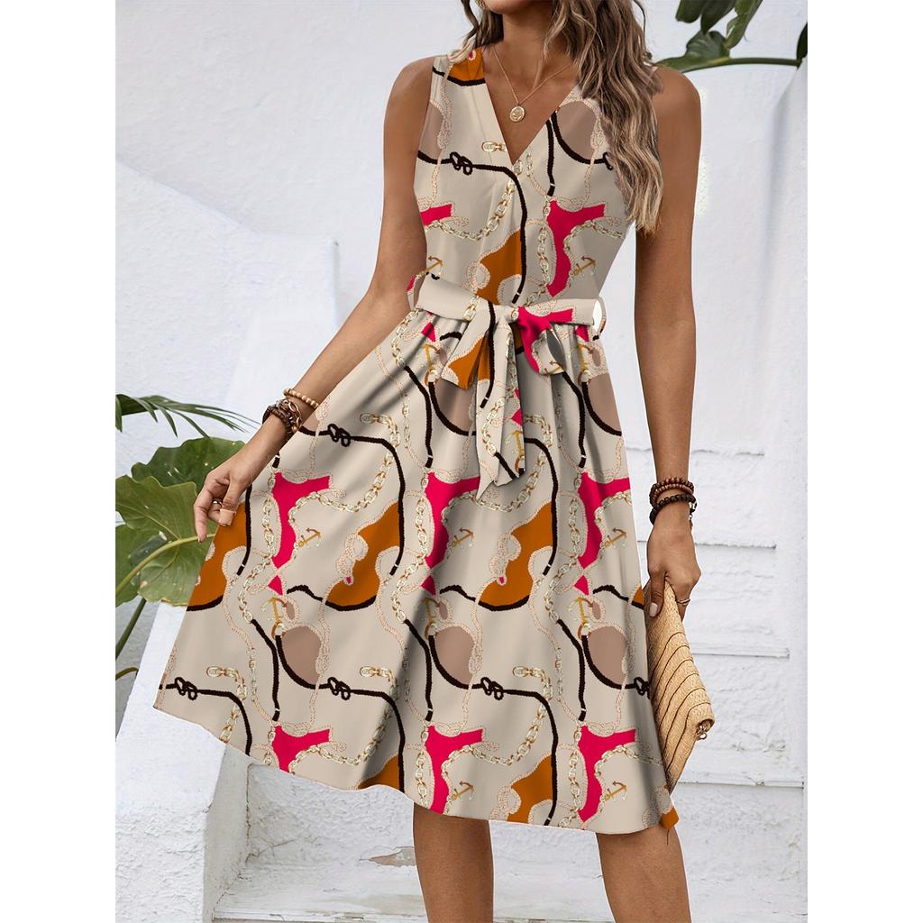 Kadın İlkbahar Ve Yaz Günlük V Yaka Kolsuz Belden Oturtmalı Çiçek Desenli Midi Elbise