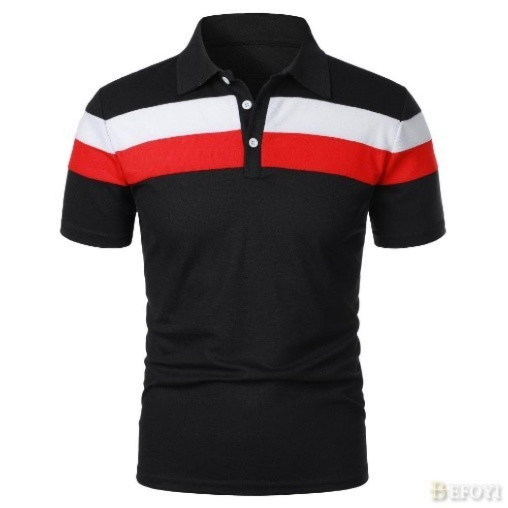 Men's Polo Shirt Short Sleeve Striped Casual Loose Color Block Fashion Collar Top