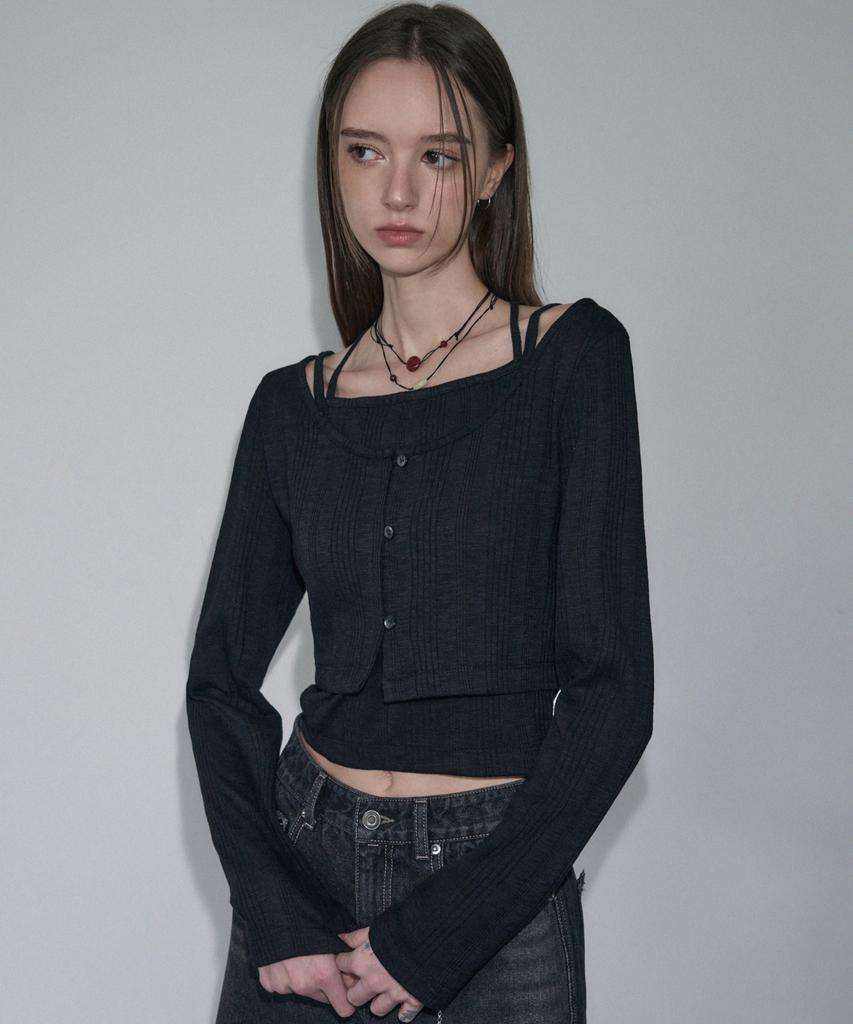 Ledeoli Halter Neck Sleeveless Cardigan Set [Black]