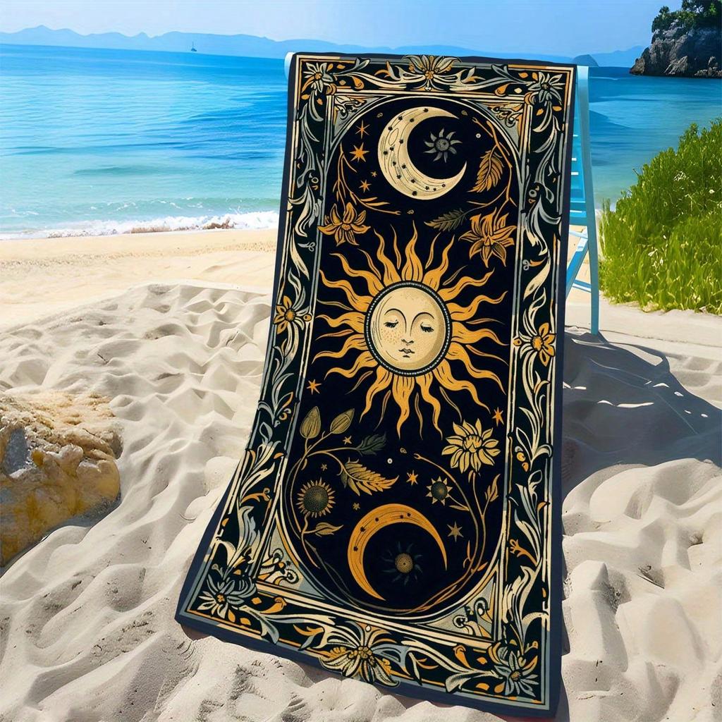 Boho Sun And Moon Print Beach Towel–Quick Dry,Sand Free,Absorbent,Pool,Travel,Yoga–Celestial Floral Pattern Bath Towel For Adult