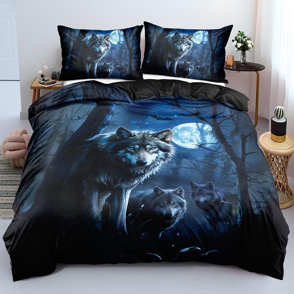 Midnight Lone Wolf Bedding Set Collection, Ultra-Soft Breathable Printed Duvet Cover Set With Pillowcases For Bedroom