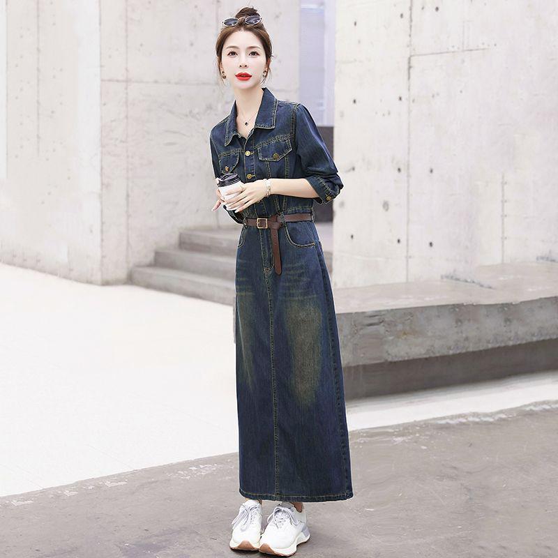 

Женское ретро джинсовое платье с длинным рукавом - Приталенное, Модный весенне-осенний стиль 3XL 135-145 jin синий