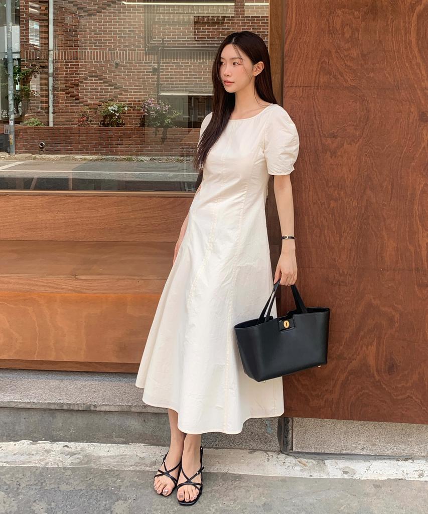 Lugkaeseuteu Caroline Rounded Sleeve Midi Dress_Cream
