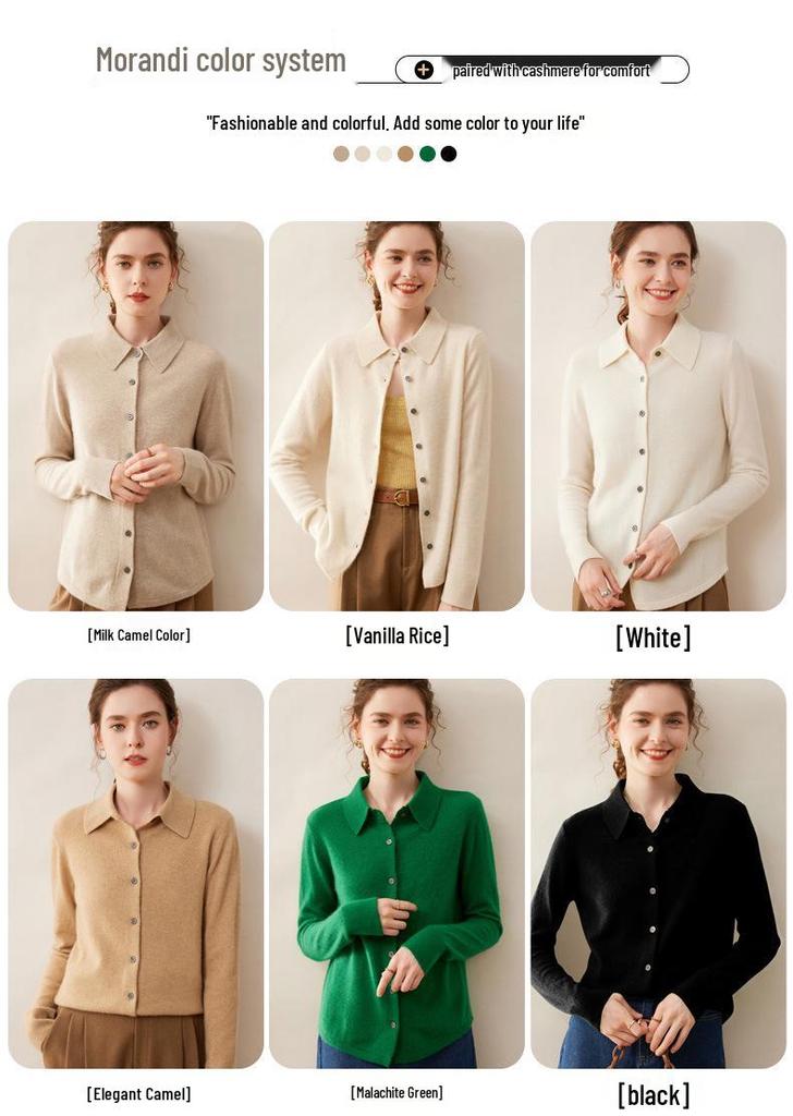 Women's Cashmere Polo Collar Knit Cardigan Sweater - Long Sleeve Lapel Knit Top