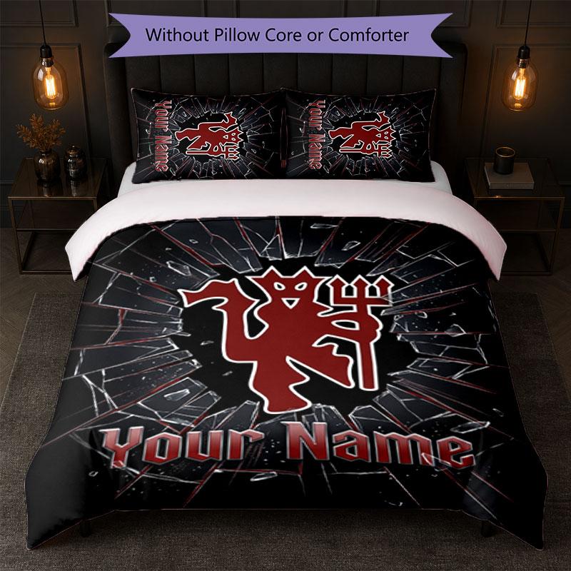 Juego de Ropa de Cama Personalizado Manchester United con Nombre y Texto 1 Funda Nórdica + 2 Fundas de Almohada Logo de Fútbol Regalo Personalizado para Ocasión Especial Decoración de Dormitorio