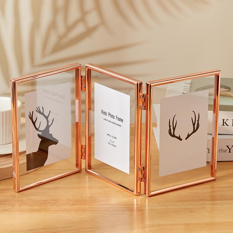 Foldable 3/2 Panel Gold Plated Photo Frame, Double Sided Clear Glass Desktop Display Stand, Photo Frame for 5/6/7/8 Inch Photos