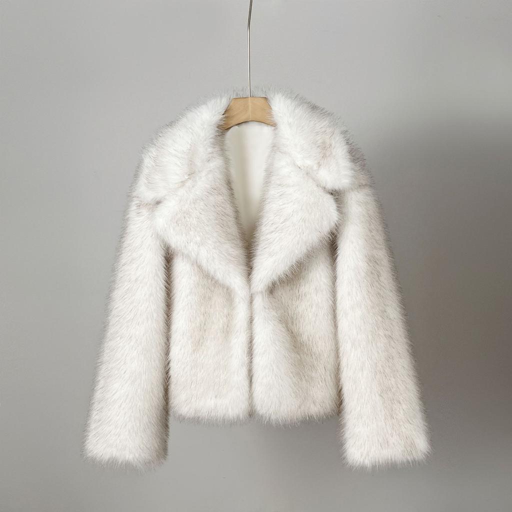 Women's Turn Down Collar Long Sleeve Faux Fox Fur Coat Loose Elegant Short Winter Outerwear
