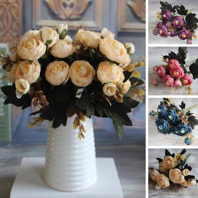 1 Bouquet Artificial Tea Rose Faux Silk Cloth Flowers Hotel Room Wedding Decor