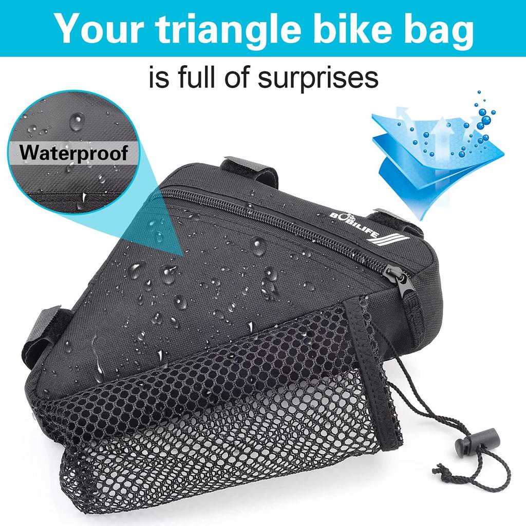 BOBILIFE Triangle Bicycle Frame Bag - Bicycle Cycling Handlebar Front Pouch/Saddle Storage Bag for Road and Mountain Bikes (Black with Bottle Holder)