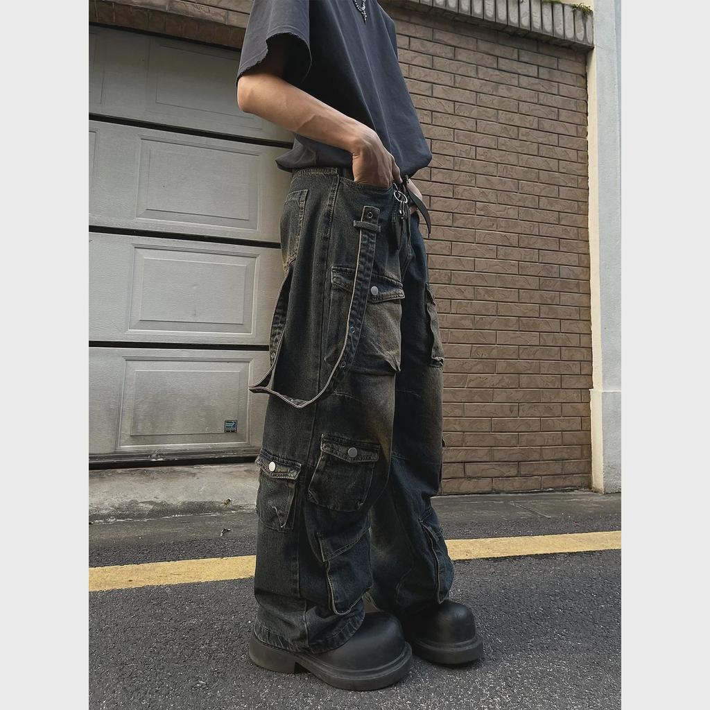 2024 Unisex American Retro Yellow Multi-Pocket Workwear Jeans - Loose Straight Hip-Hop Style