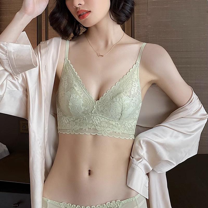 French Sexy Lace Underwear Women's Summer Ultra-thin Big Breasts Show Small Gathering, No Steel Ring, Double Breasts, Anti-sagging Bra Cover