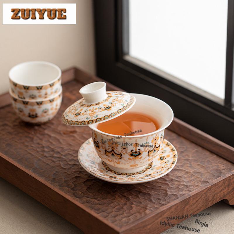 150ml Hammelfett Jade Thangka Dunhuang Gaiwan Retro Teeschale Teeschale Mit Deckel Set Teebereiter Abdeckung Schüssel Geschirr Ornamente