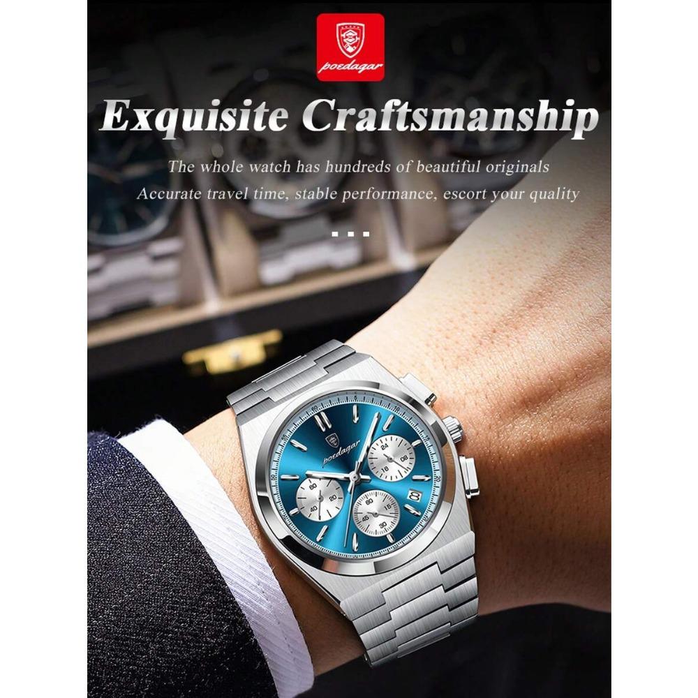POEDAGAR 1pc Premium Men's Stainless Steel Quartz Calendar Chronograph Wristwatch, Business Waterproof Luminous Watch, Men's Gift