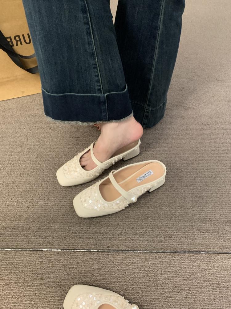 Fashion Square Toe Shoes Woman's Slippers String Bead Slides Block 2025 Cover Bling Scandals Mary Janes Square heel Cover Toe String Bea