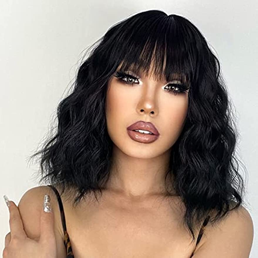XINRAN Black Short Hair Bangs Wig, Black Natural Wave Wig for Women, Black Wave Wig Bangs