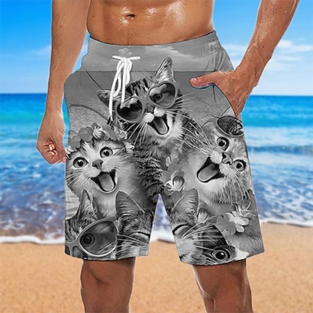 Men's Pattern Animal Cat Swimming Pants Hawaiian Designer Bohemian Casual Daily Holiday Pull Rope Clothing