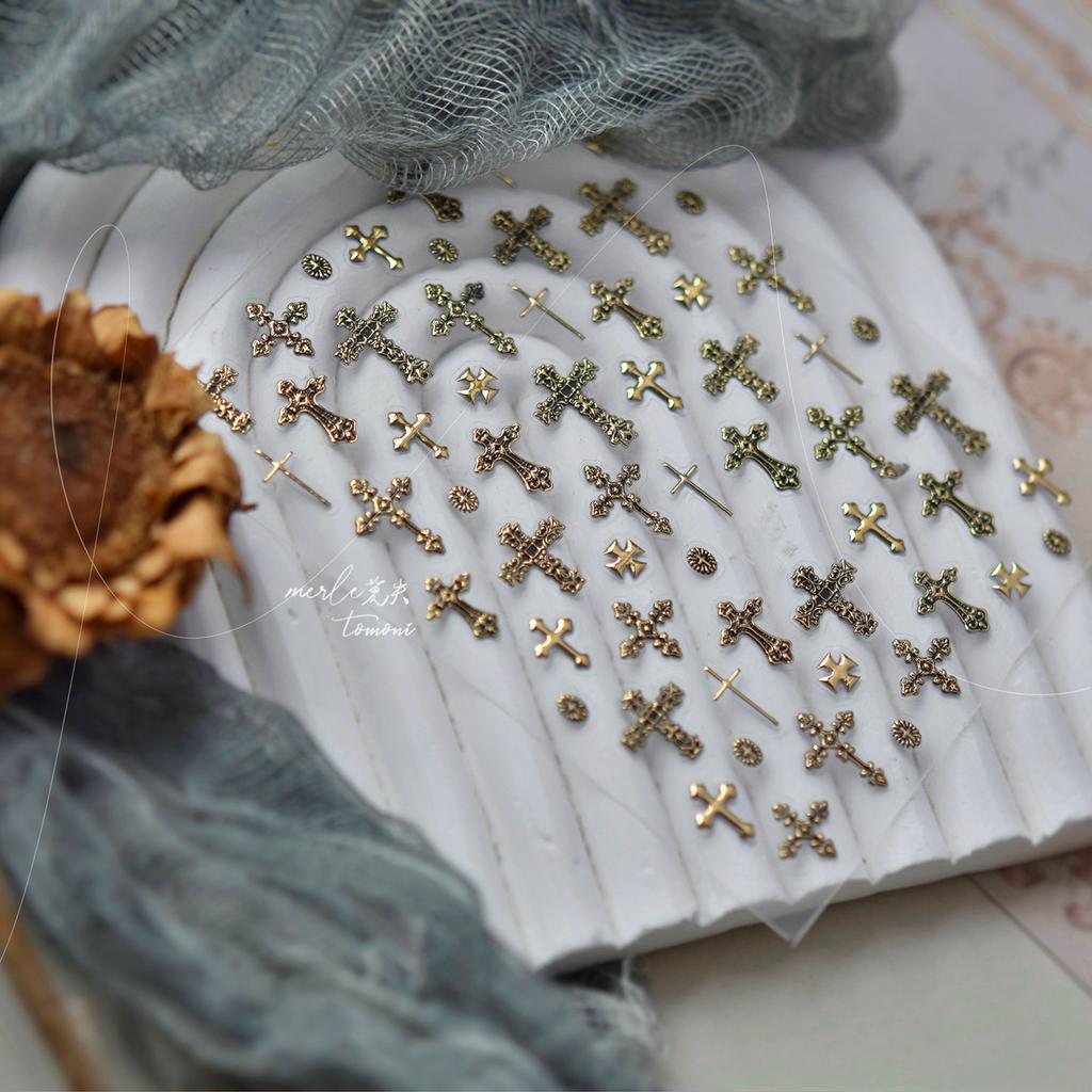 Retro Cross Nail Art Accessories Stickers Gold Silver Bronzing Multi Stely Cross Nail Stickers DIY Back Adhesive Manicure Decals