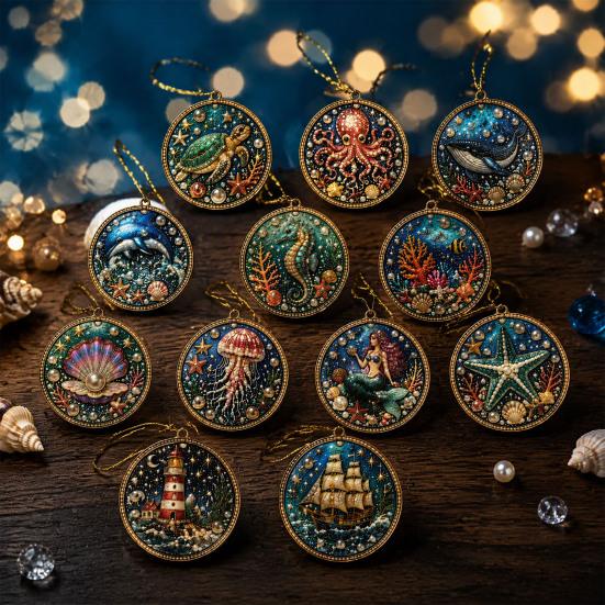 Festive Home Decoration 12PCS Christmas Tree 2D Flat Pendant, Pearl Acrylic Art Kits, Bright Seasonal Wall Hanging Color Classic Patterns Ornament for