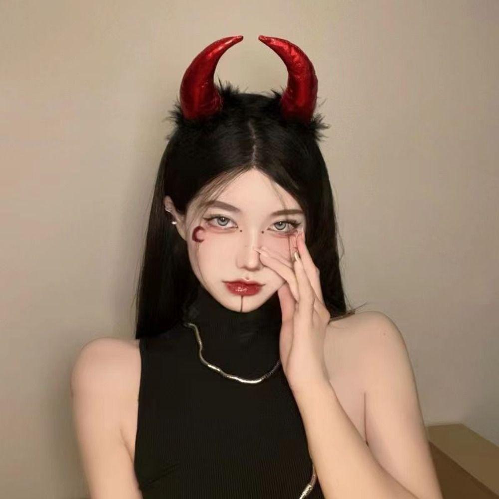 Cosplay Halloween Hair Band Black Feather Demon Hair Hoop Red Ox Horns Headband  Women Men