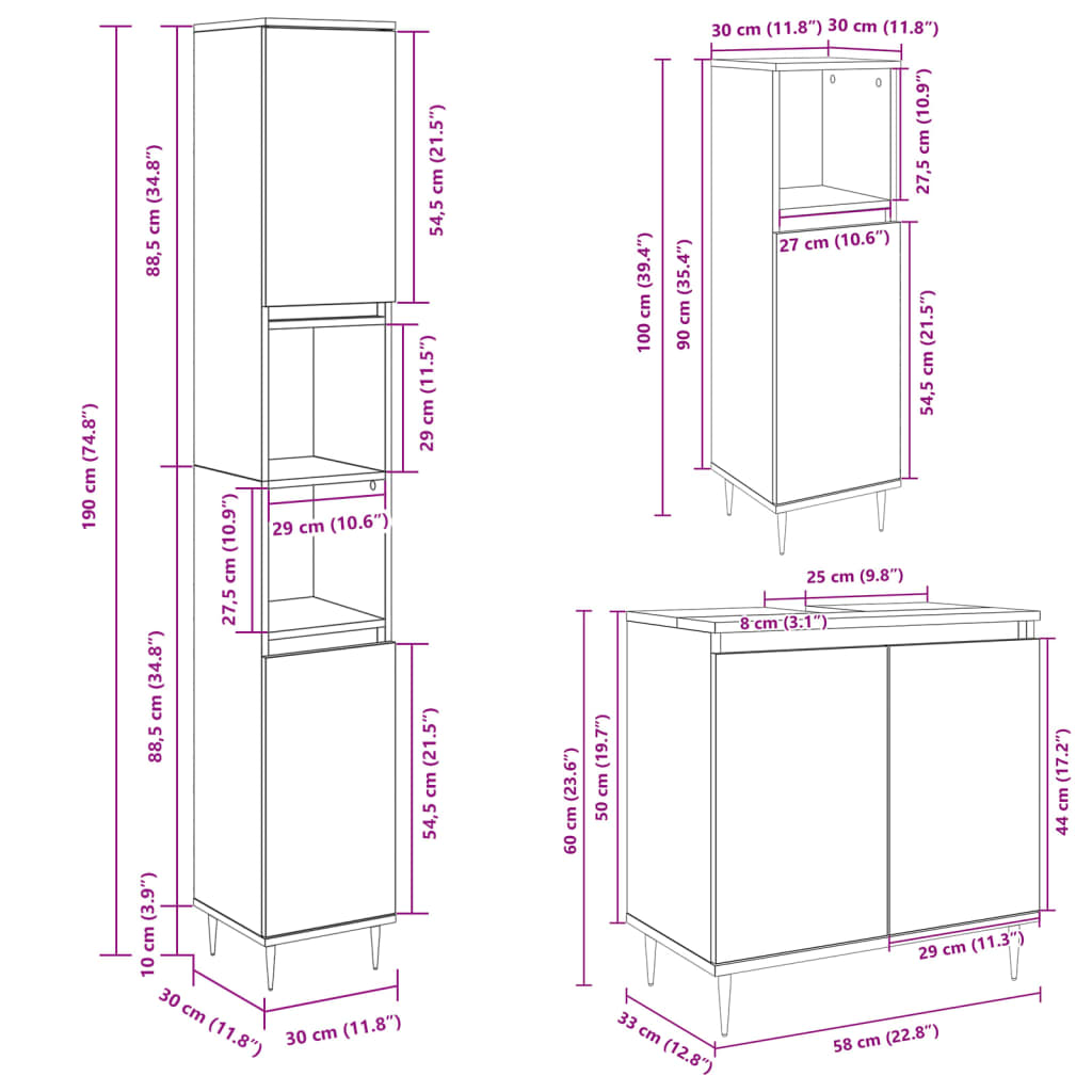 3 Piece Bathroom Furniture Set in Sonoma Oak Particleboard
