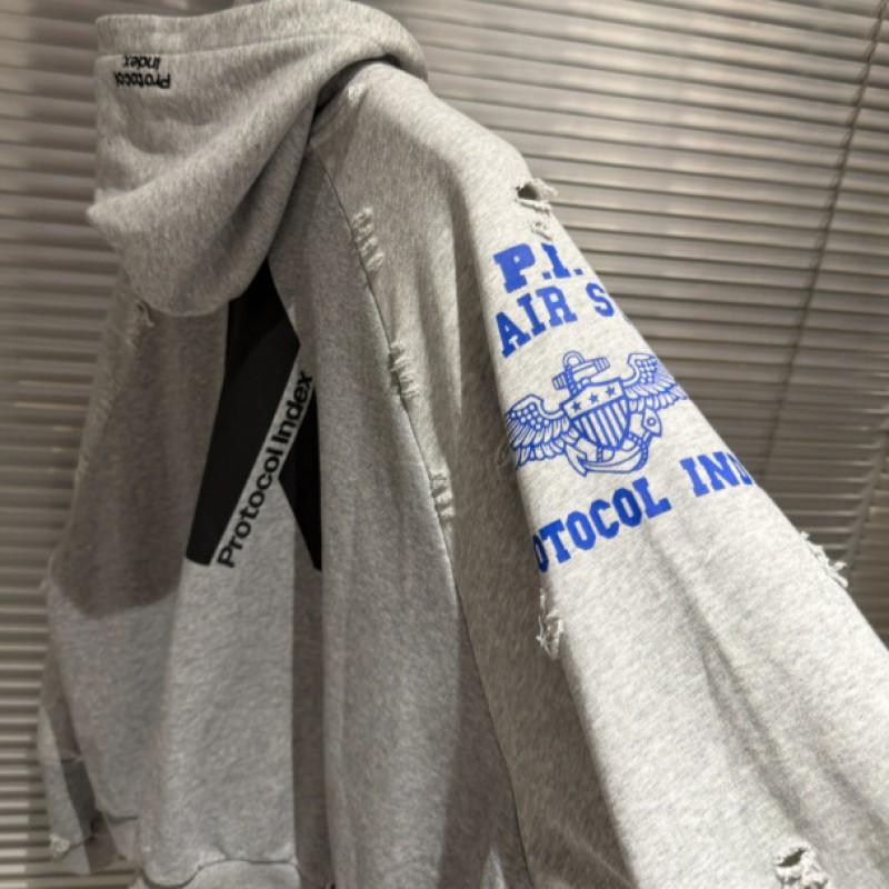 Streetwear Hooded Sweatshirt With Patchwork Embroidered Slogan Distressed Washed Cotton Mens Casual Top