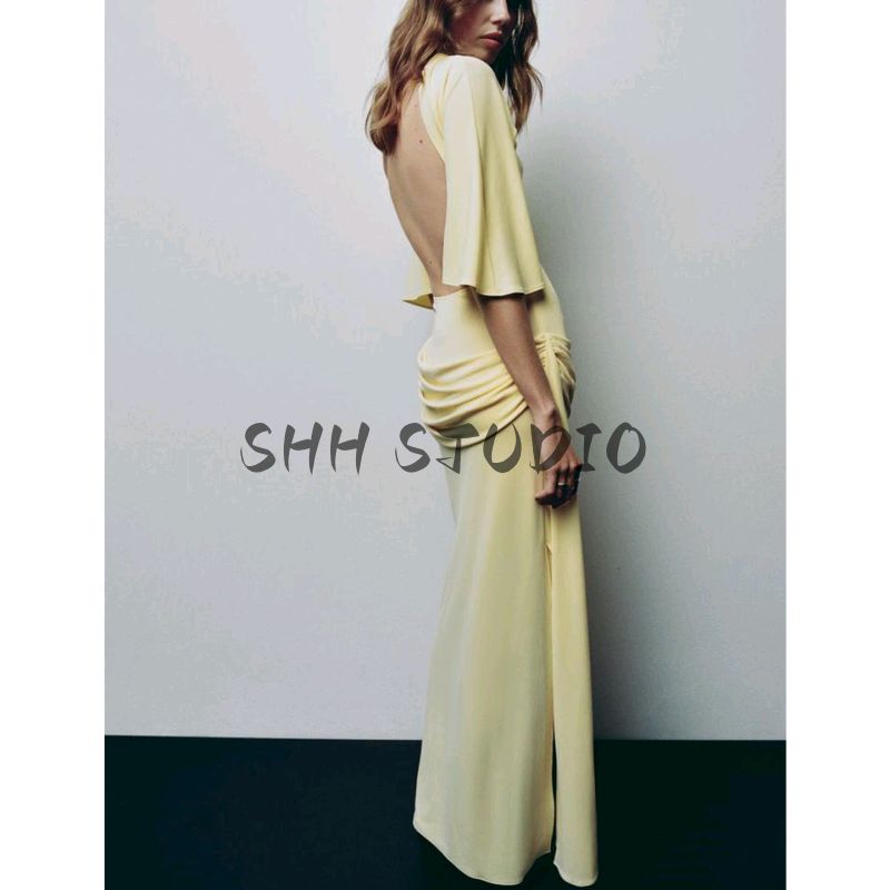 Autumn New Women's Clothing Minimalist Style Turtleneck Short Sleeve Open Back Laminated Decoration Long Dress 4661209
