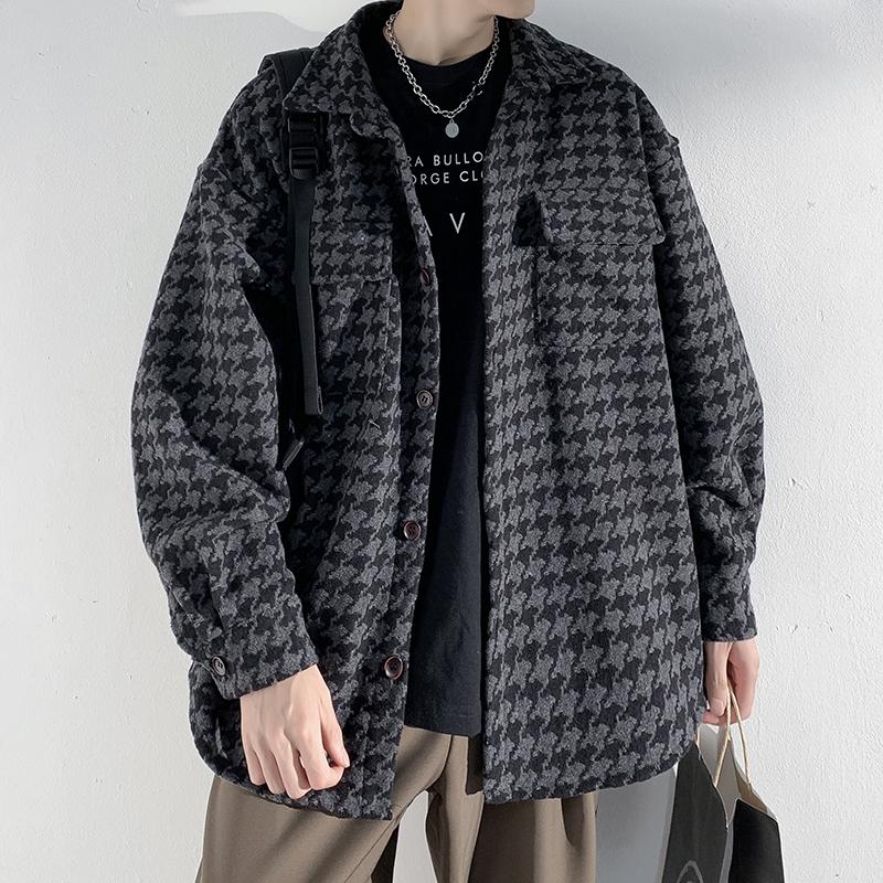 

Мужское модное корейское шерстяное пальто в гусиную лапку - Универсальная весенне-осенняя верхняя одежда, Свободный крой, Стильная куртка для работы Medium темно серый