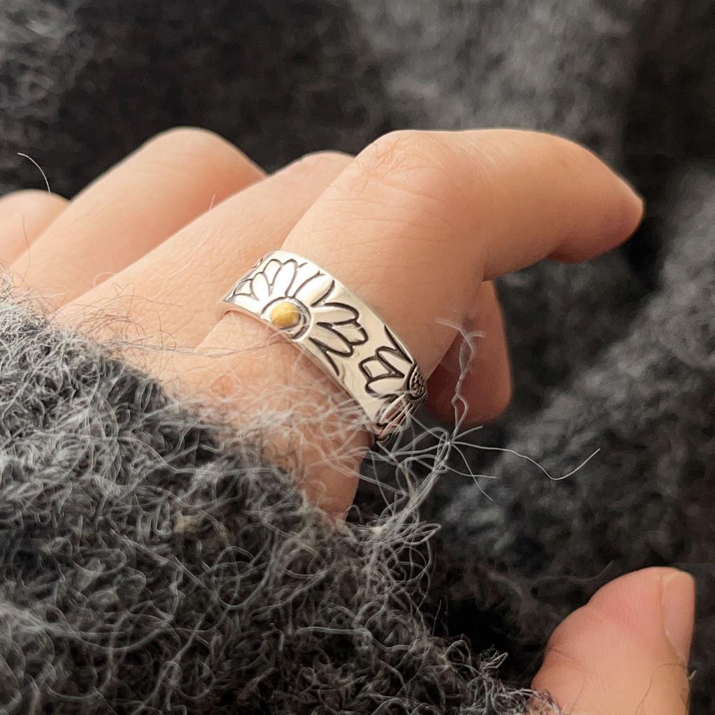 925 Sterling Silber Ringe für Damen Geometrischer Feinschmuck Fingerverstellbar Einfacher Retro Blumenring für Party Geburtstagsgeschenk