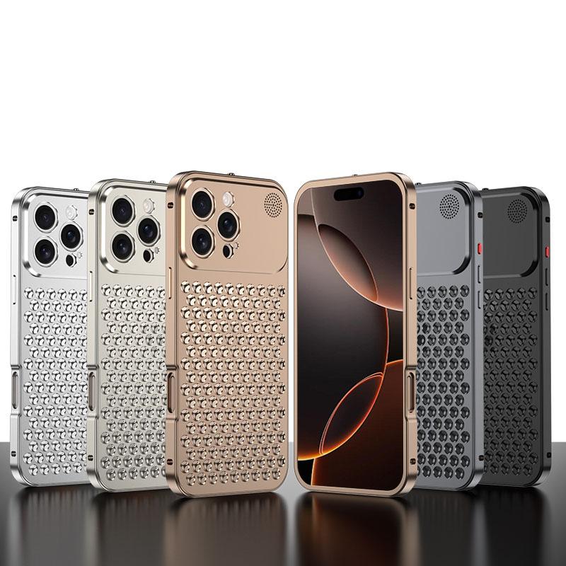 Husă de lux din aliaj de aluminiu cu grilă goală pentru iPhone 16 Pro Max 15 Plus 14 Pro 13 12 Disipare căldură Rezistent la șocuri Subțire Husă telefon