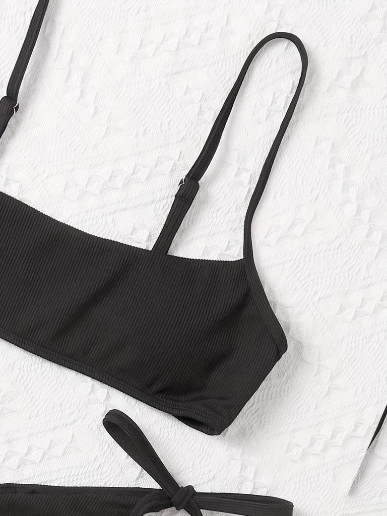 European & American Tie-Up Bikini Set: Sexy Solid Color Ribbed Swimsuit for Women