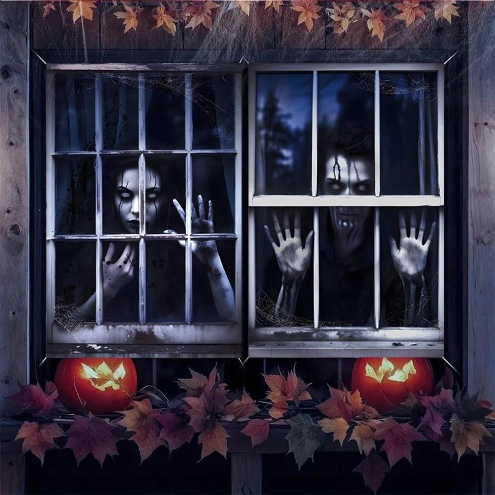 2PCS Blood-Themed Scary Halloween Window Cover Bloody Girl Window Curtain  Front Porch