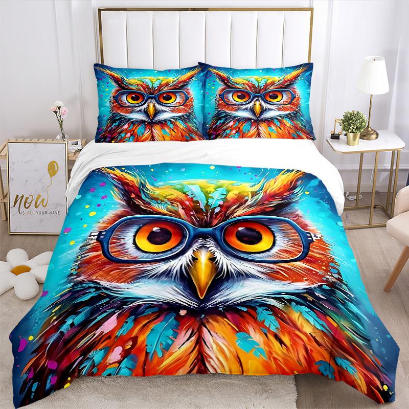 3pcs Colorful Owl Glasses Bedding Set, Includes One Quilt Cover and Two Pillowcases (No Core), Perfect for Home Decor, Festive Gifts