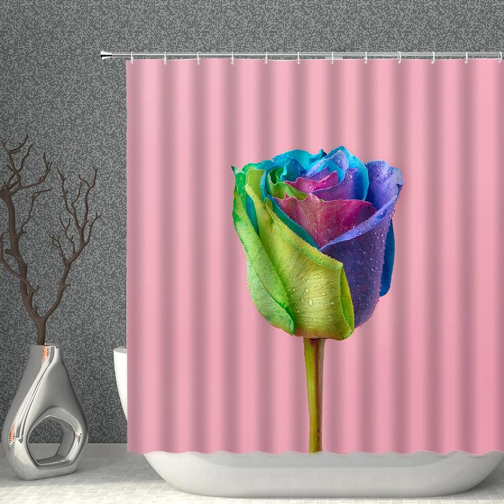 Rose Shower Curtain Set Romantic Valentine's Day Flower Waterproof Polyester Cloth Curtains Bathroom Home Decor With Hooks