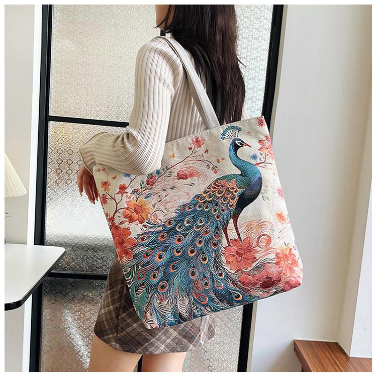 Ethnic Style Canvas Tote Bag With Doublesided Embroidered Silk Thread Floral For Daily Use