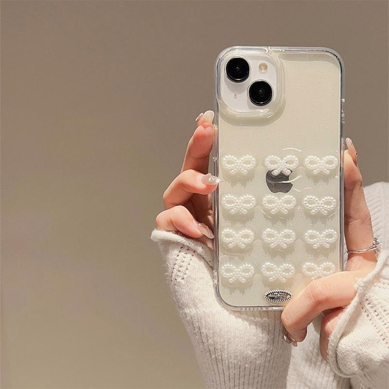 Wind Pearl Bow Mobile Phone Case Is Suitable For Iphone16Pro Transparent Silicone Soft Glitter Apple 17 Women'S Models