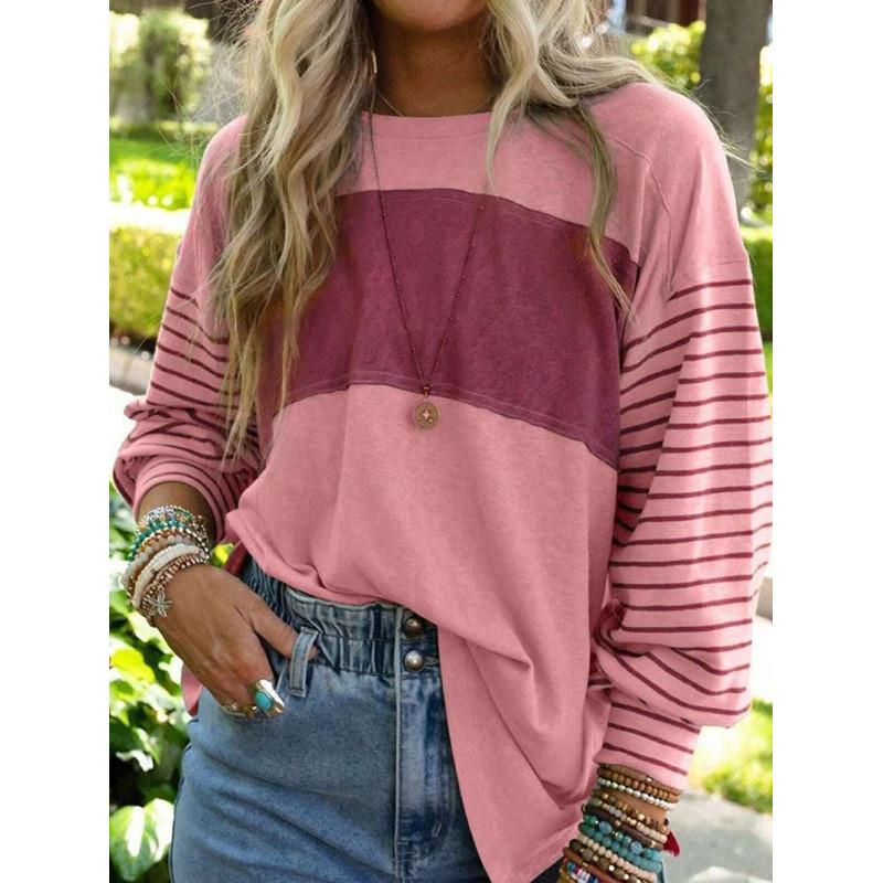 Polyester Striped Casual Long Sleeve T Shirt For Women With Color Block Design For Spring