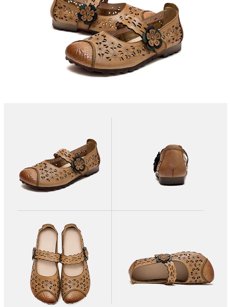 Johnature Sandali piatti con suola cava in vera pelle, retrò, versatili, scarpe da donna con suola morbida