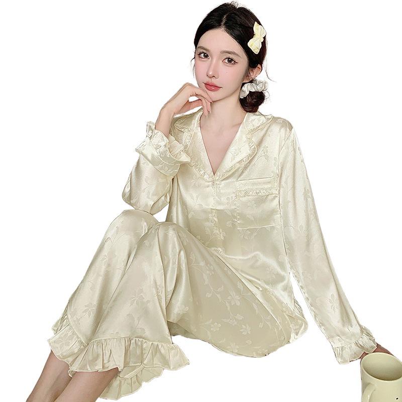 Women's Floral Ruffle Pajamas: Light Luxury Ice Silk Long Sleeve Two-Piece Set for Spring and Autumn