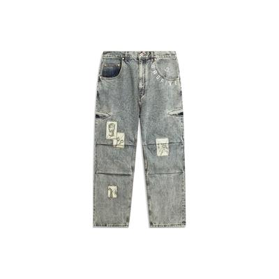 Li Ning Badfive Dragon Raises Its Head Patch Straight Loose Wash Denim Pants Men Bottoms New-Denim-Blue AJQU165-1