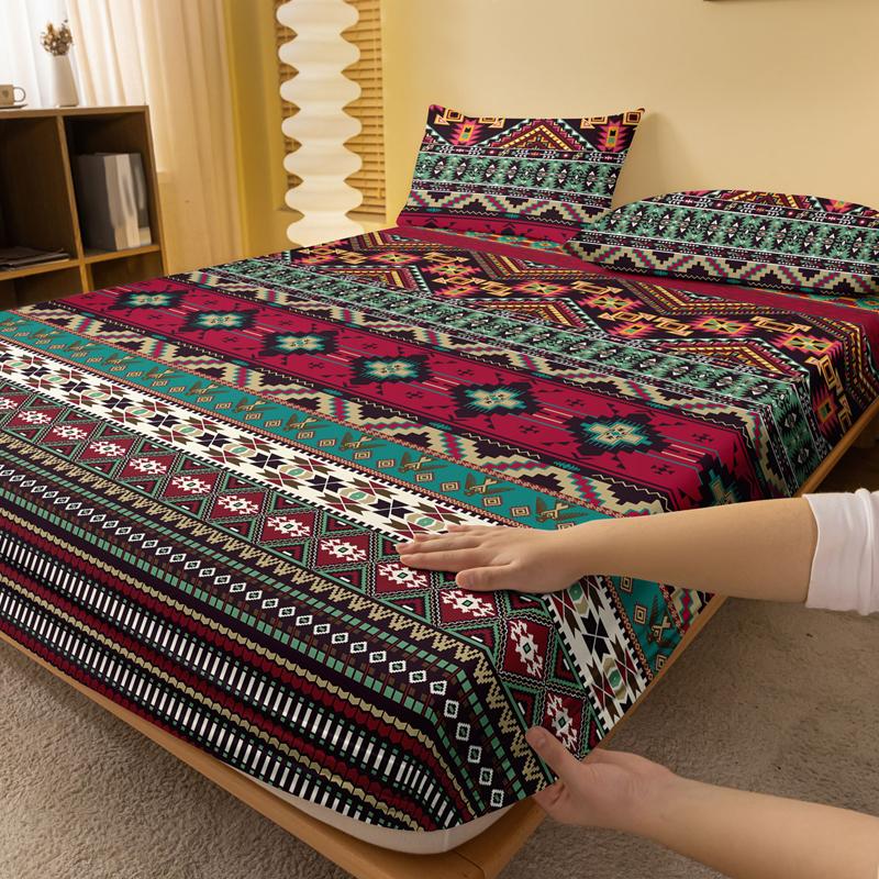 1 Simple Modern Bohemia Printed Matte Fitted Sheet, Bedroom Printed Bed Cover, Bedding (Excluding Pillowcases)
