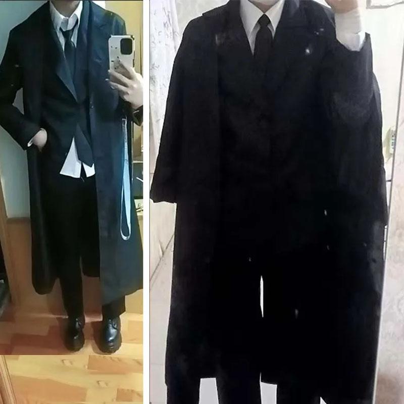 Men Black Suit Outfit Long Trench Coat Vest Shirt Tie Gloves Full Set Halloween Carnival Party Cosplay Costume for Adult Men