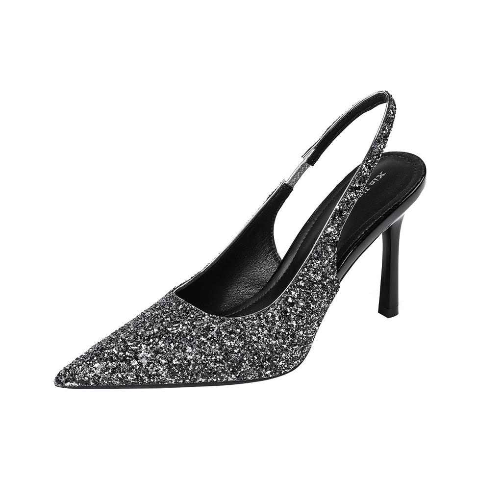 2199-13 Sequined High Heel Shoes Elegant Bridesmaid Wedding Shoes Pointed Thin Heel Silver High Heel Shoes Light Mouth Women's Shoes