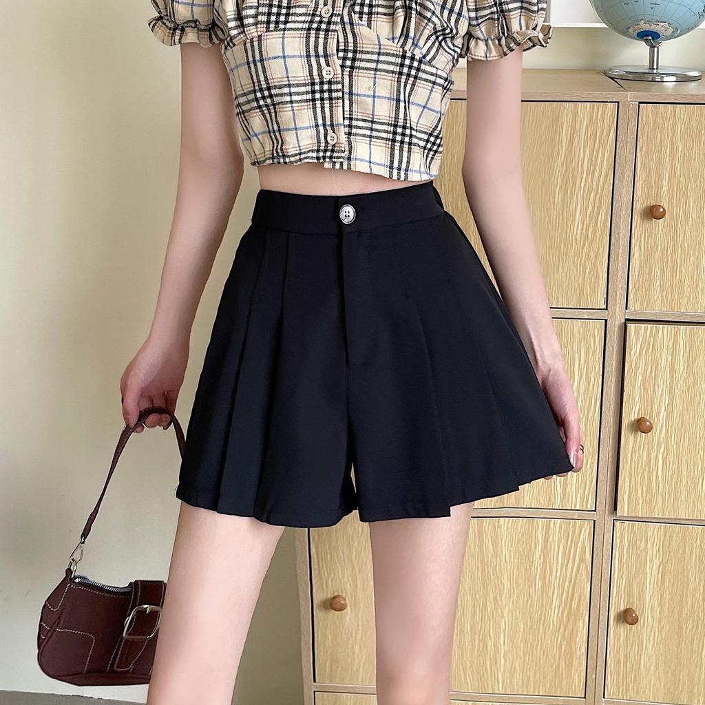 Women's Black High Waist Autumn A-Line Wide Leg Shorts - New Sweet Literary Style