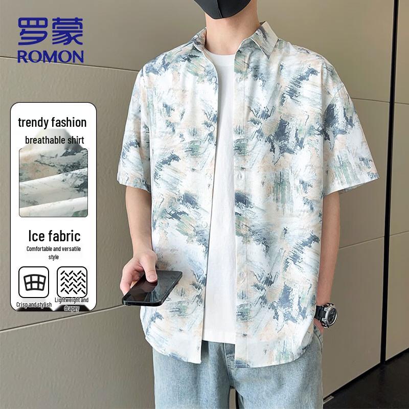 ROMON Men s Ice-Feel Graffiti Short Sleeve Shirt 2XL