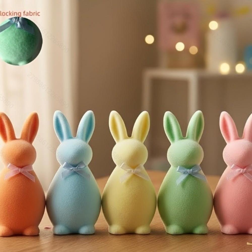 Plush Flocked Rabbit Figures with Bow Rabbit Gnome Doll Easter Bunny Statue Tabletop Ornament
