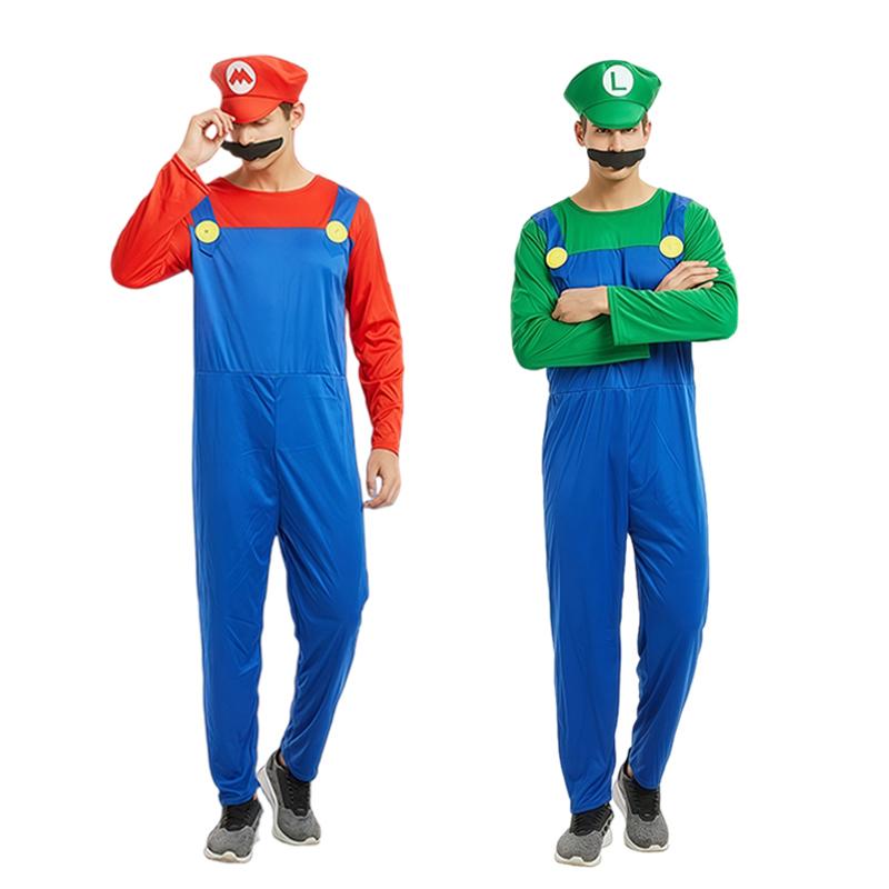 Anime Super Mario Bros Costume Jumpsuit Mario Luigi Cosplay Costume Hat Beard Suit Halloween Costumes For Adult